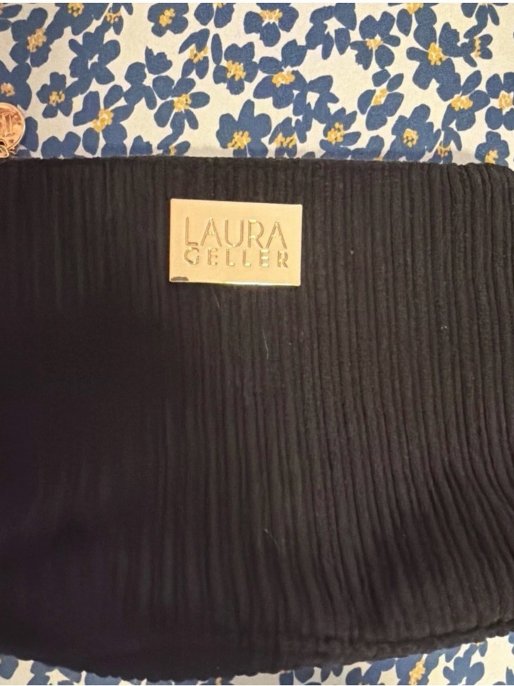 Laura Geller Corduroy Black Textured Cosmetic Pouch with Gold Logo New